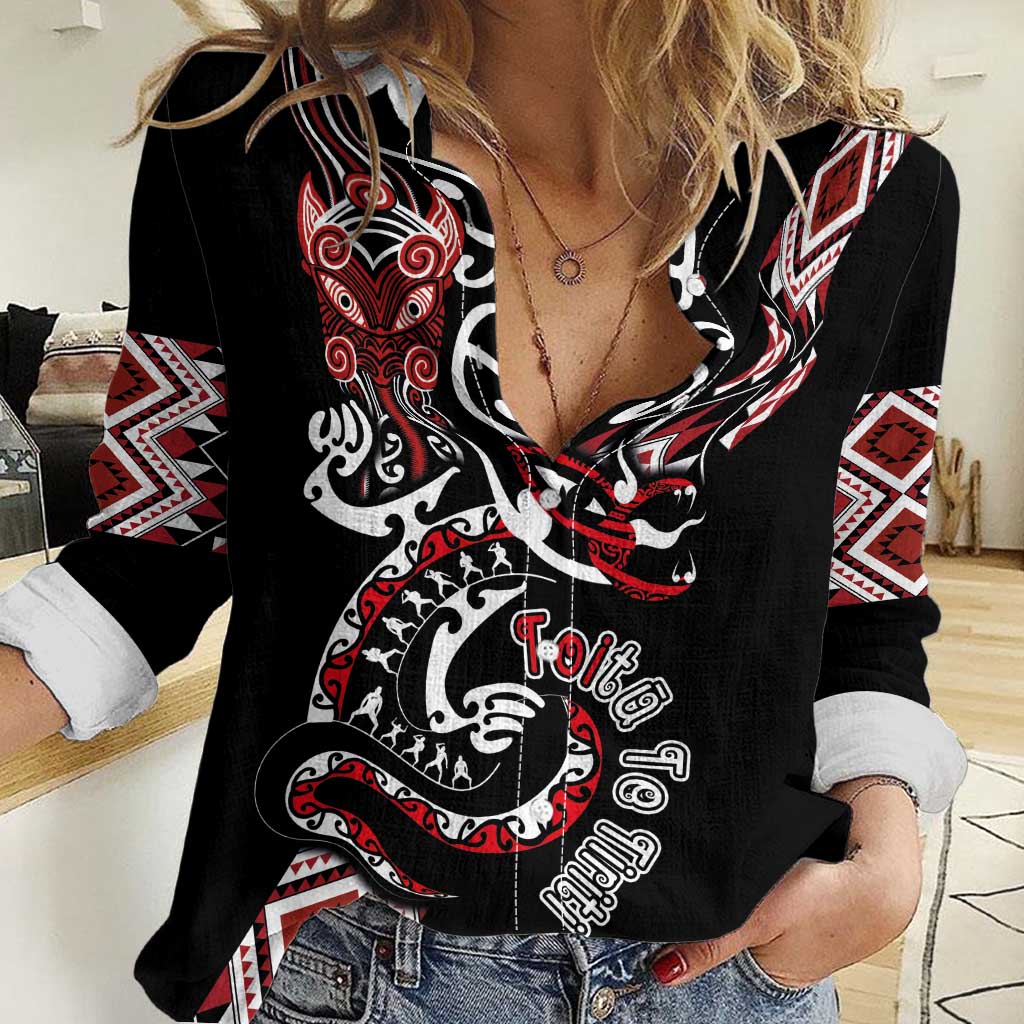 Aotearoa Toitu Te Tiriti-Honour the Treaty Women Casual Shirt Maori Taniwha Haka with Taniko and Tukutuku