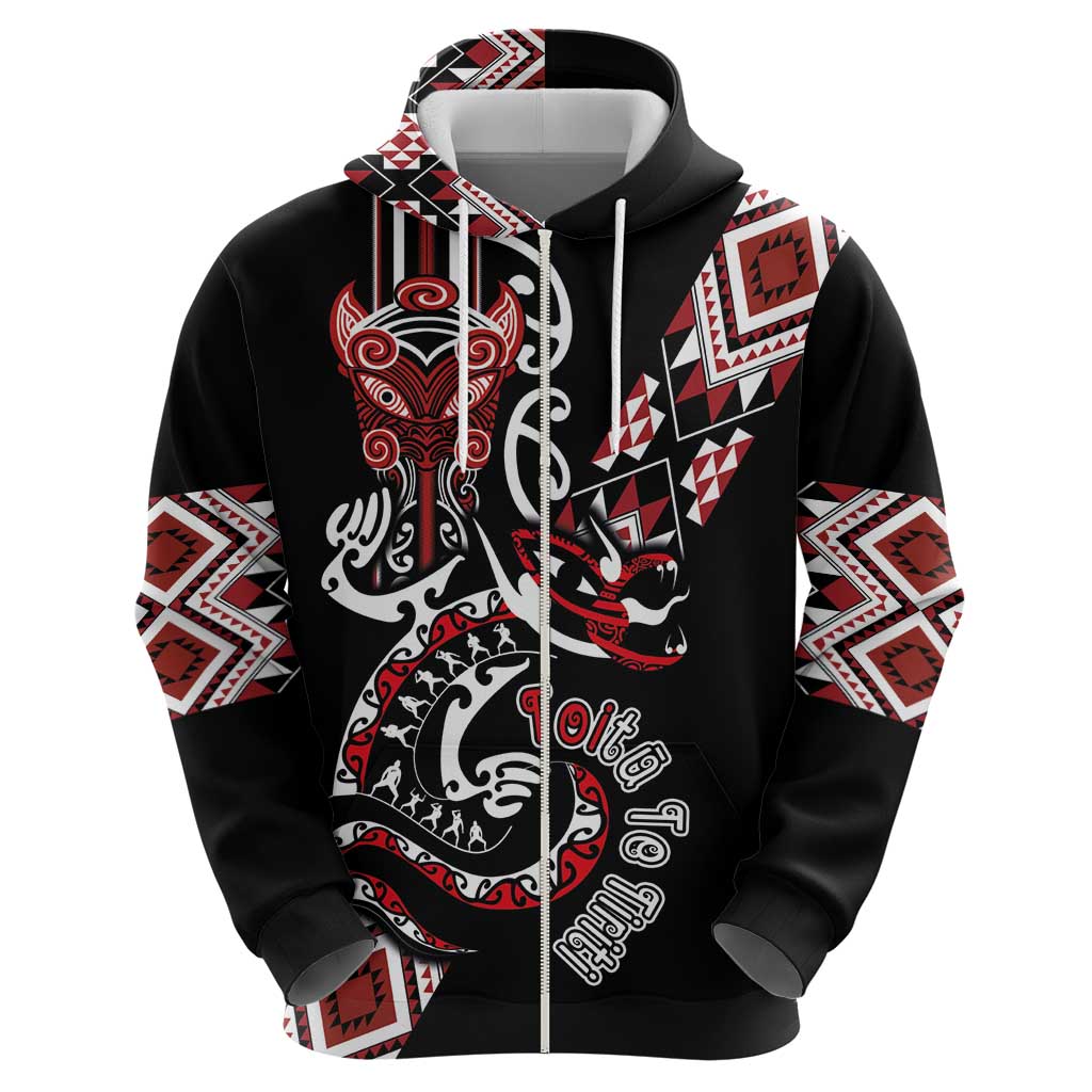 Aotearoa Toitu Te Tiriti-Honour the Treaty Zip Hoodie Maori Taniwha Haka with Taniko and Tukutuku