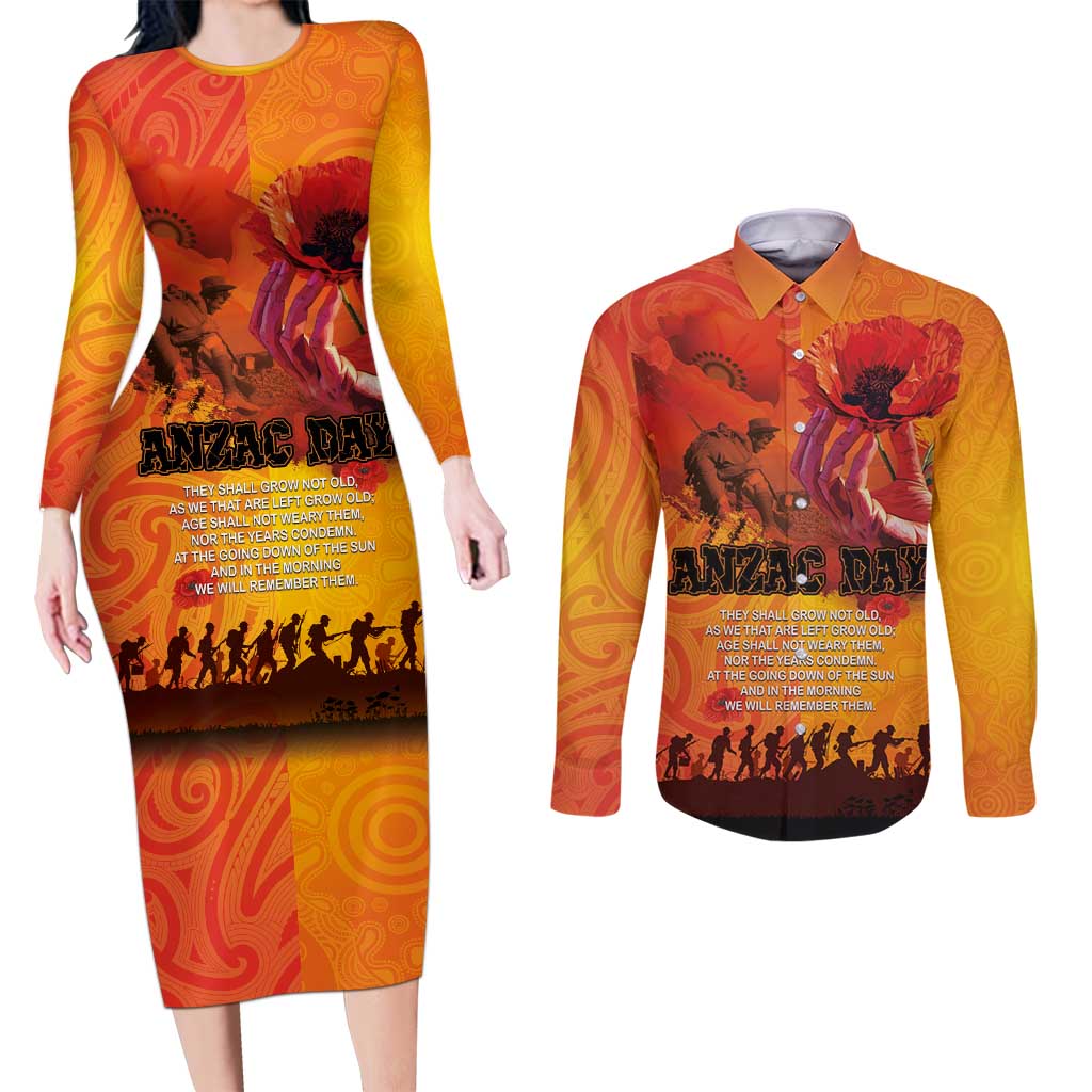 Australia and New Zealand ANZAC Day Couples Matching Long Sleeve Bodycon Dress and Long Sleeve Button Shirt Soldiers Memories - Red Poppies with Aboriginal and Maori Art