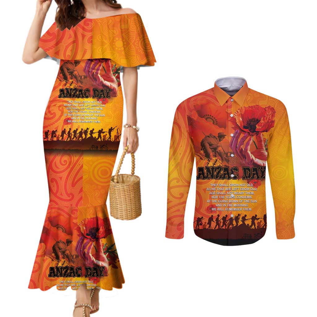 Australia and New Zealand ANZAC Day Couples Matching Mermaid Dress and Long Sleeve Button Shirt Soldiers Memories - Red Poppies with Aboriginal and Maori Art LT03 Orange-Yellow - Polynesian Pride