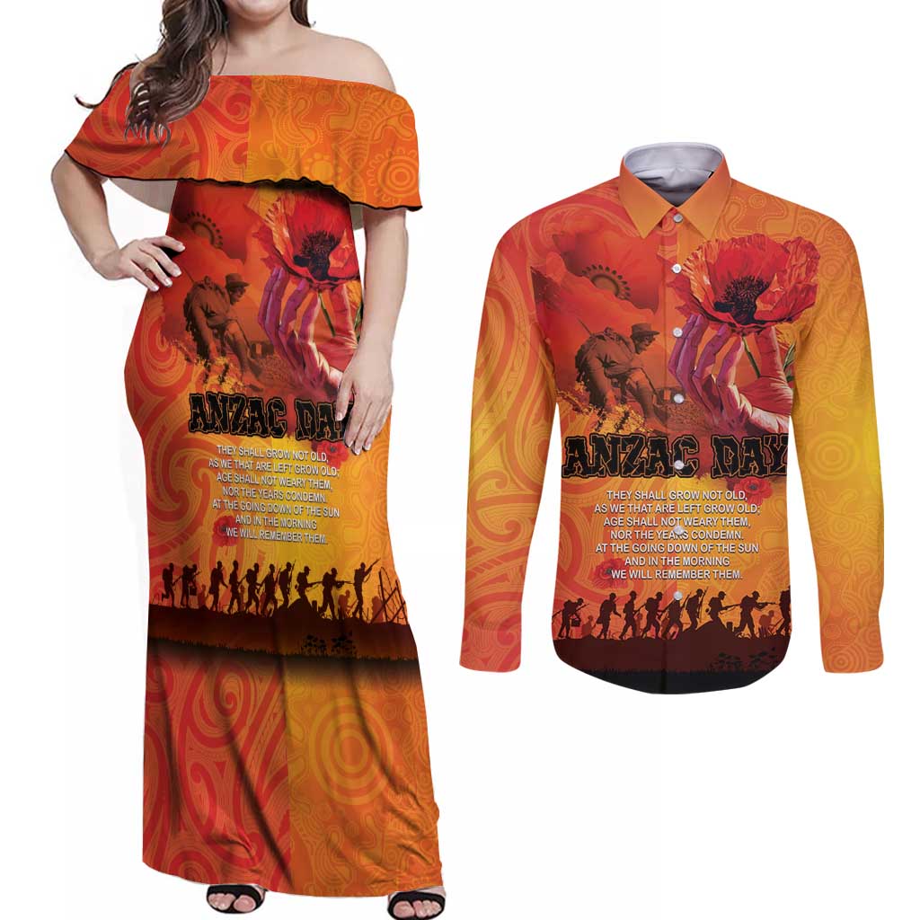 Australia and New Zealand ANZAC Day Couples Matching Off Shoulder Maxi Dress and Long Sleeve Button Shirt Soldiers Memories - Red Poppies with Aboriginal and Maori Art