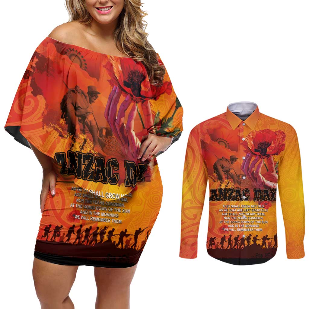 Australia and New Zealand ANZAC Day Couples Matching Off Shoulder Short Dress and Long Sleeve Button Shirt Soldiers Memories - Red Poppies with Aboriginal and Maori Art LT03 Orange-Yellow - Polynesian Pride