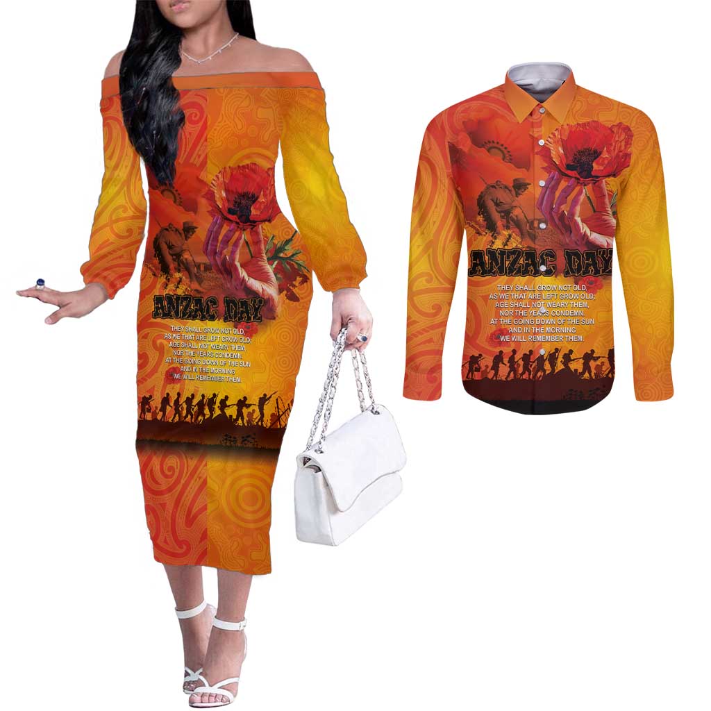 Australia and New Zealand ANZAC Day Couples Matching Off The Shoulder Long Sleeve Dress and Long Sleeve Button Shirt Soldiers Memories - Red Poppies with Aboriginal and Maori Art