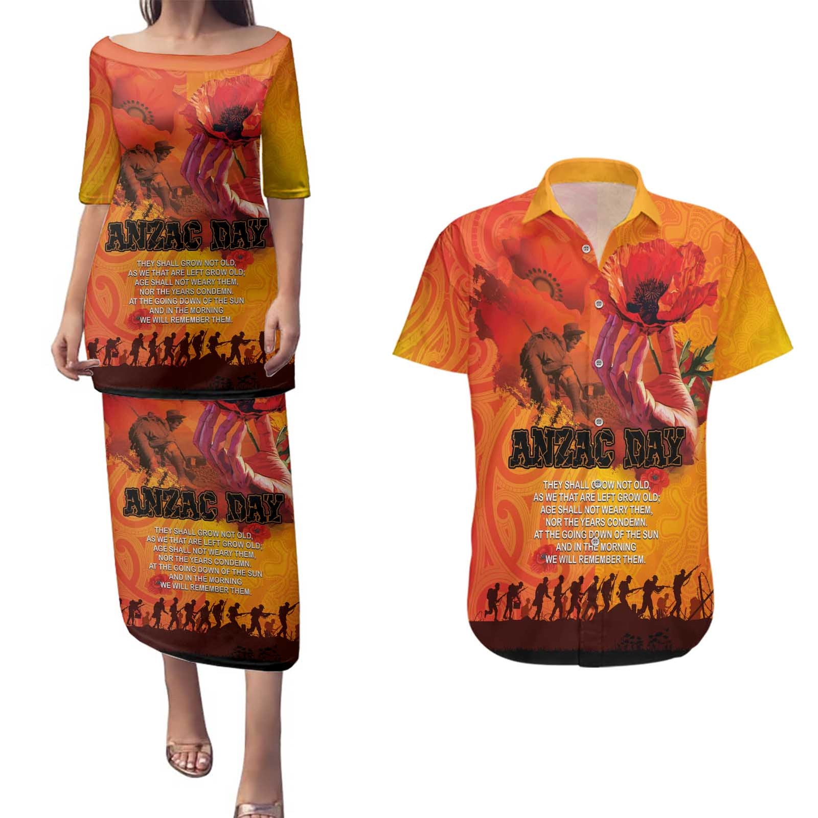 Australia and New Zealand ANZAC Day Couples Matching Puletasi and Hawaiian Shirt Soldiers Memories - Red Poppies with Aboriginal and Maori Art LT03 Orange-Yellow - Polynesian Pride