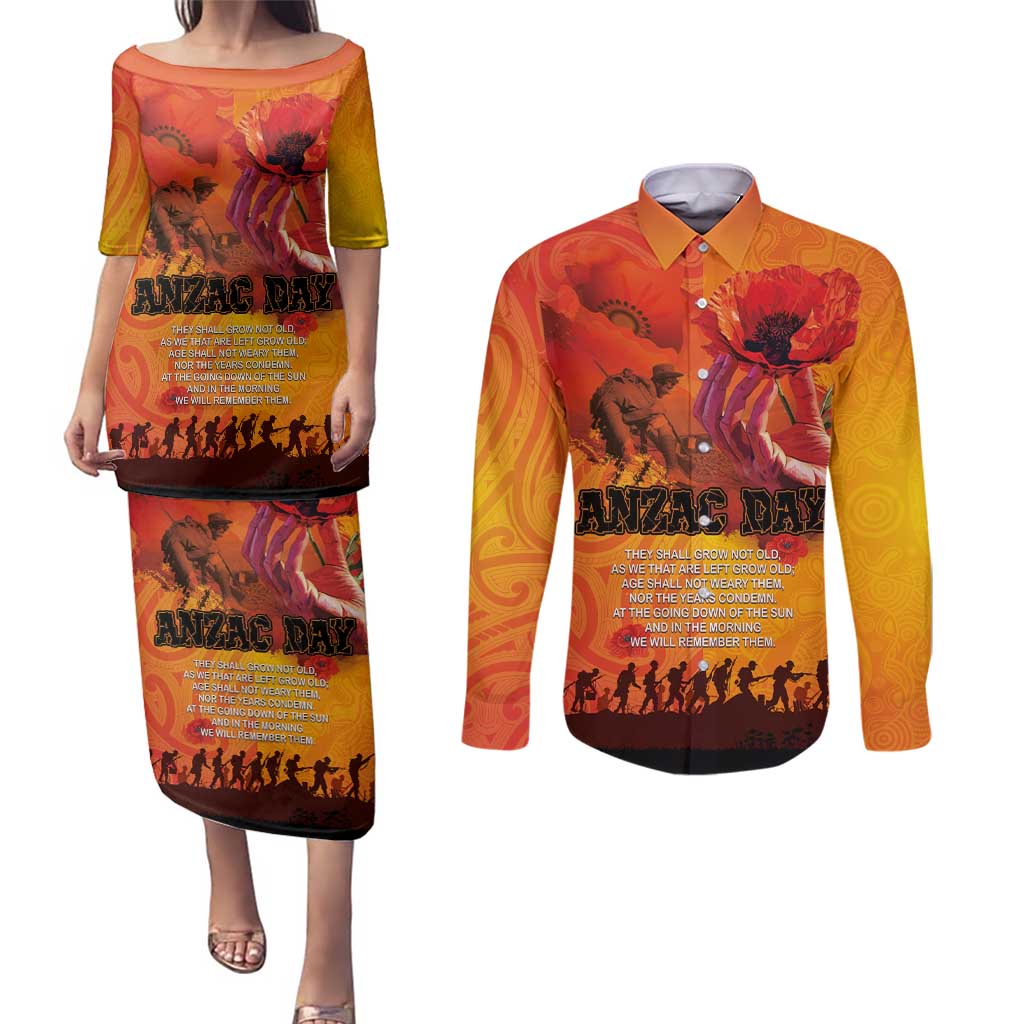 Australia and New Zealand ANZAC Day Couples Matching Puletasi and Long Sleeve Button Shirt Soldiers Memories - Red Poppies with Aboriginal and Maori Art