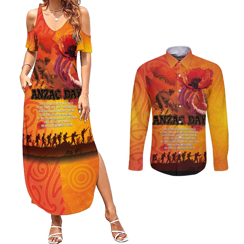 Australia and New Zealand ANZAC Day Couples Matching Summer Maxi Dress and Long Sleeve Button Shirt Soldiers Memories - Red Poppies with Aboriginal and Maori Art