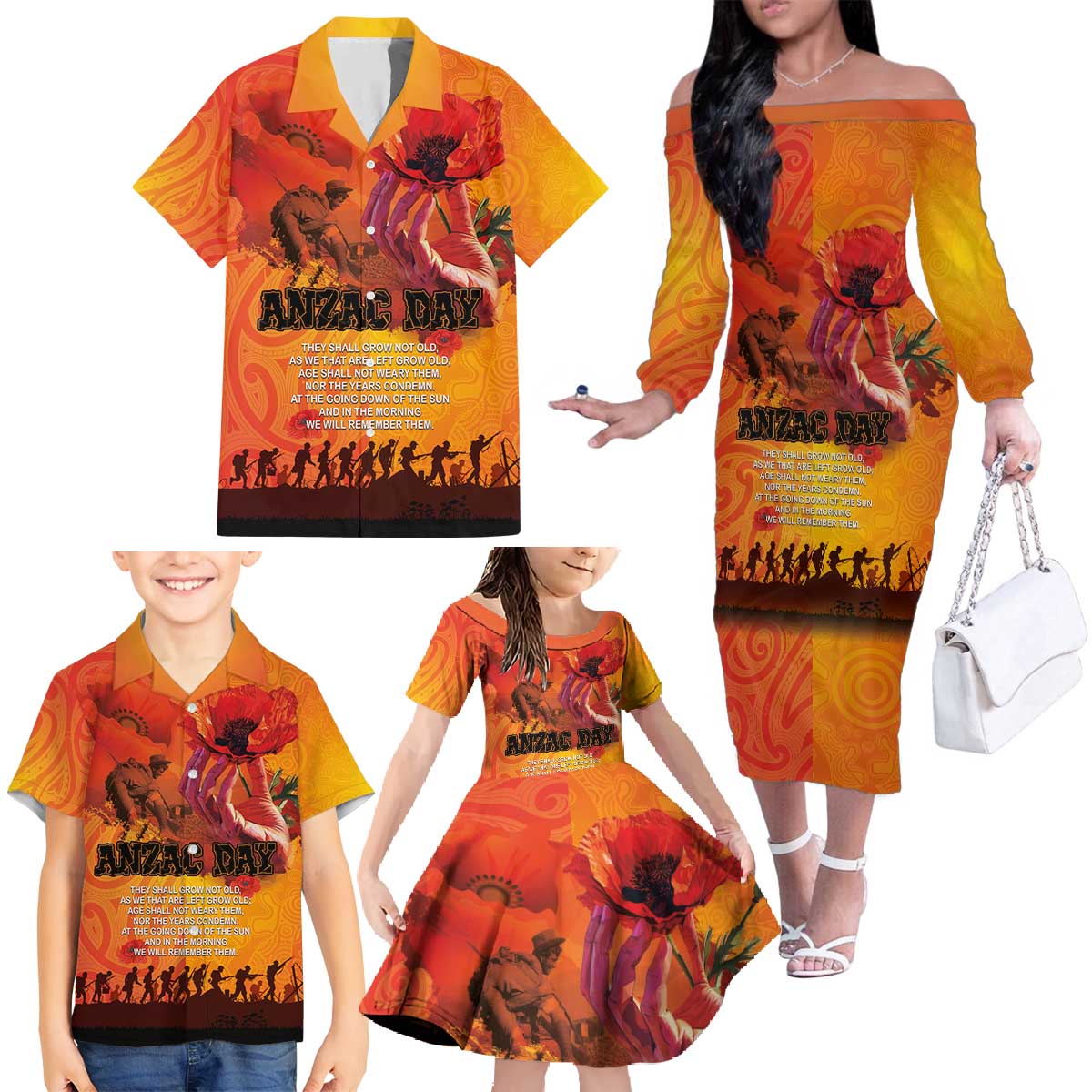 Australia and New Zealand ANZAC Day Family Matching Off The Shoulder Long Sleeve Dress and Hawaiian Shirt Soldiers Memories - Red Poppies with Aboriginal and Maori Art