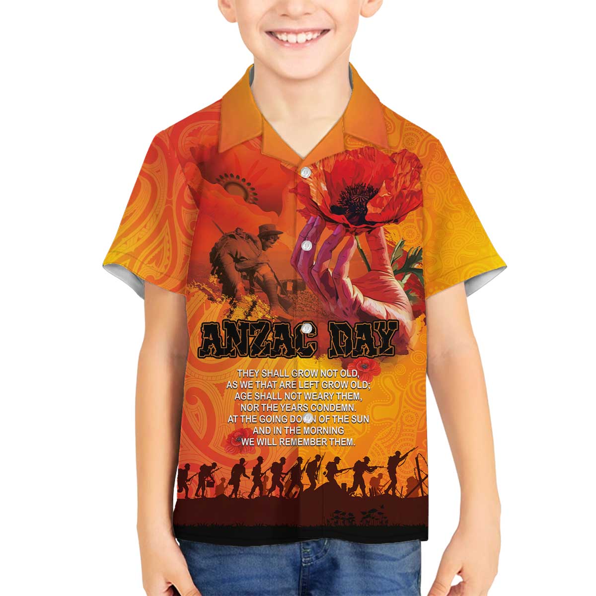 Australia and New Zealand ANZAC Day Family Matching Off The Shoulder Long Sleeve Dress and Hawaiian Shirt Soldiers Memories - Red Poppies with Aboriginal and Maori Art