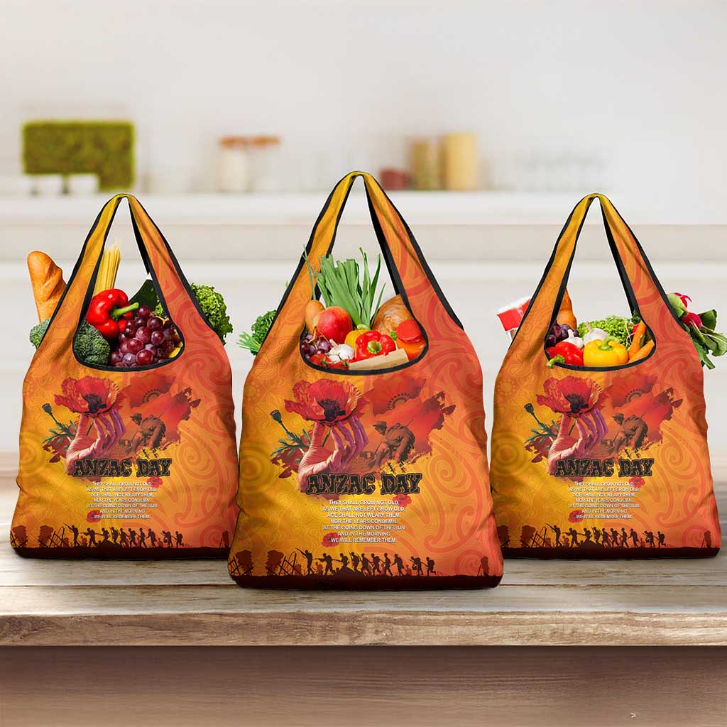 Australia and New Zealand ANZAC Day Grocery Bag Soldiers Memories - Red Poppies with Aboriginal and Maori Art