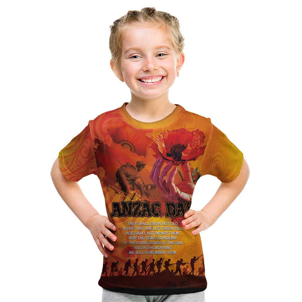 Australia and New Zealand ANZAC Day Kid T Shirt Soldiers Memories - Red Poppies with Aboriginal and Maori Art