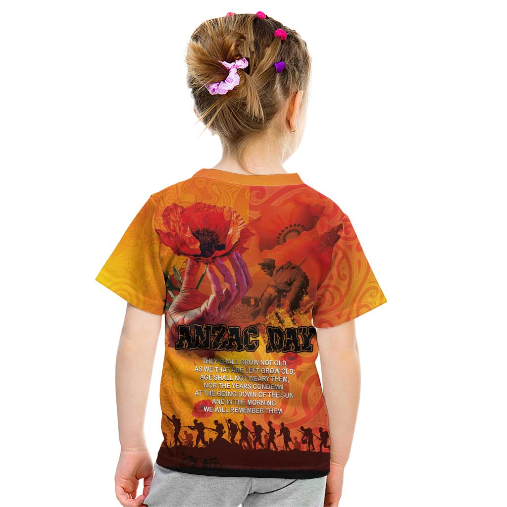 Australia and New Zealand ANZAC Day Kid T Shirt Soldiers Memories - Red Poppies with Aboriginal and Maori Art