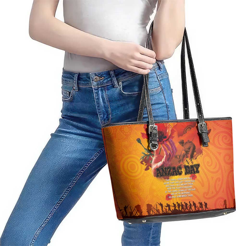 Australia and New Zealand ANZAC Day Leather Tote Bag Soldiers Memories - Red Poppies with Aboriginal and Maori Art
