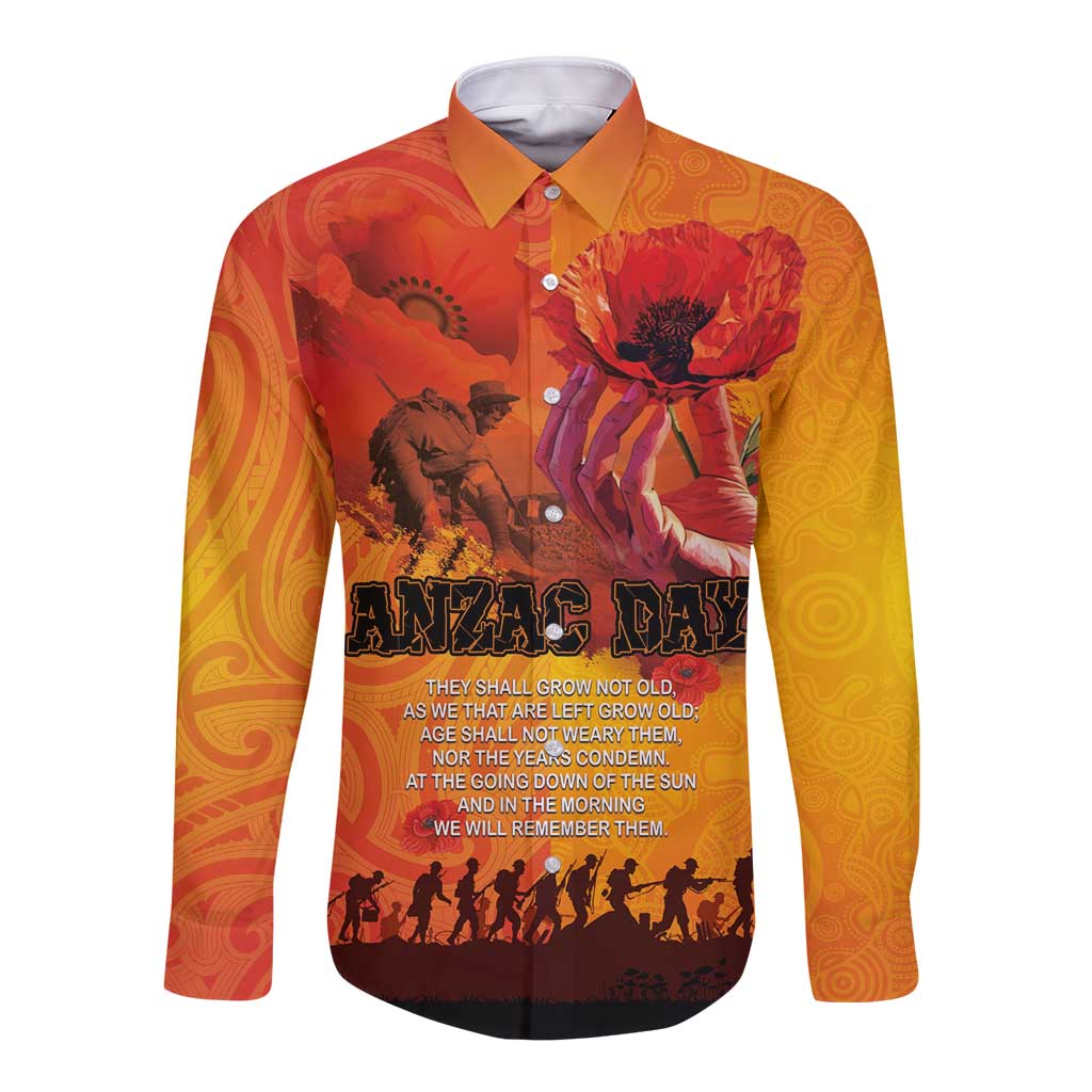Australia and New Zealand ANZAC Day Long Sleeve Button Shirt Soldiers Memories - Red Poppies with Aboriginal and Maori Art LT03 Unisex Orange-Yellow - Polynesian Pride
