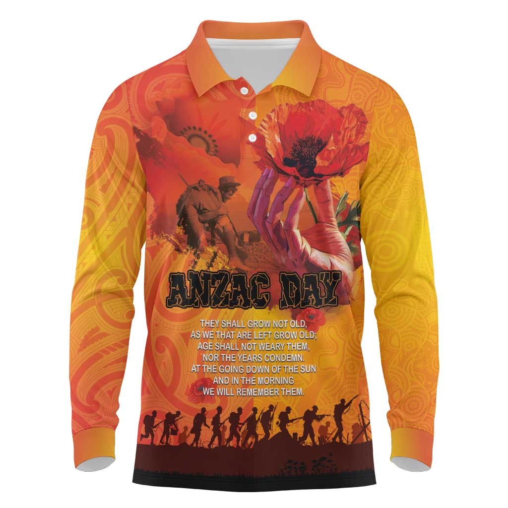 Australia and New Zealand ANZAC Day Long Sleeve Polo Shirt Soldiers Memories - Red Poppies with Aboriginal and Maori Art