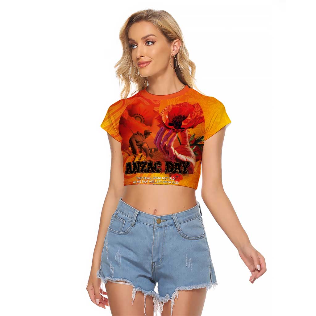 Australia and New Zealand ANZAC Day Raglan Cropped T Shirt Soldiers Memories - Red Poppies with Aboriginal and Maori Art LT03 Female Orange-Yellow - Polynesian Pride