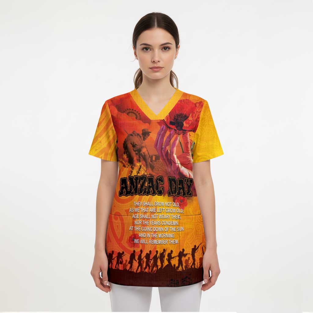 Australia and New Zealand ANZAC Day Scrub Top Soldiers Memories - Red Poppies with Aboriginal and Maori Art - Polynesian Pride