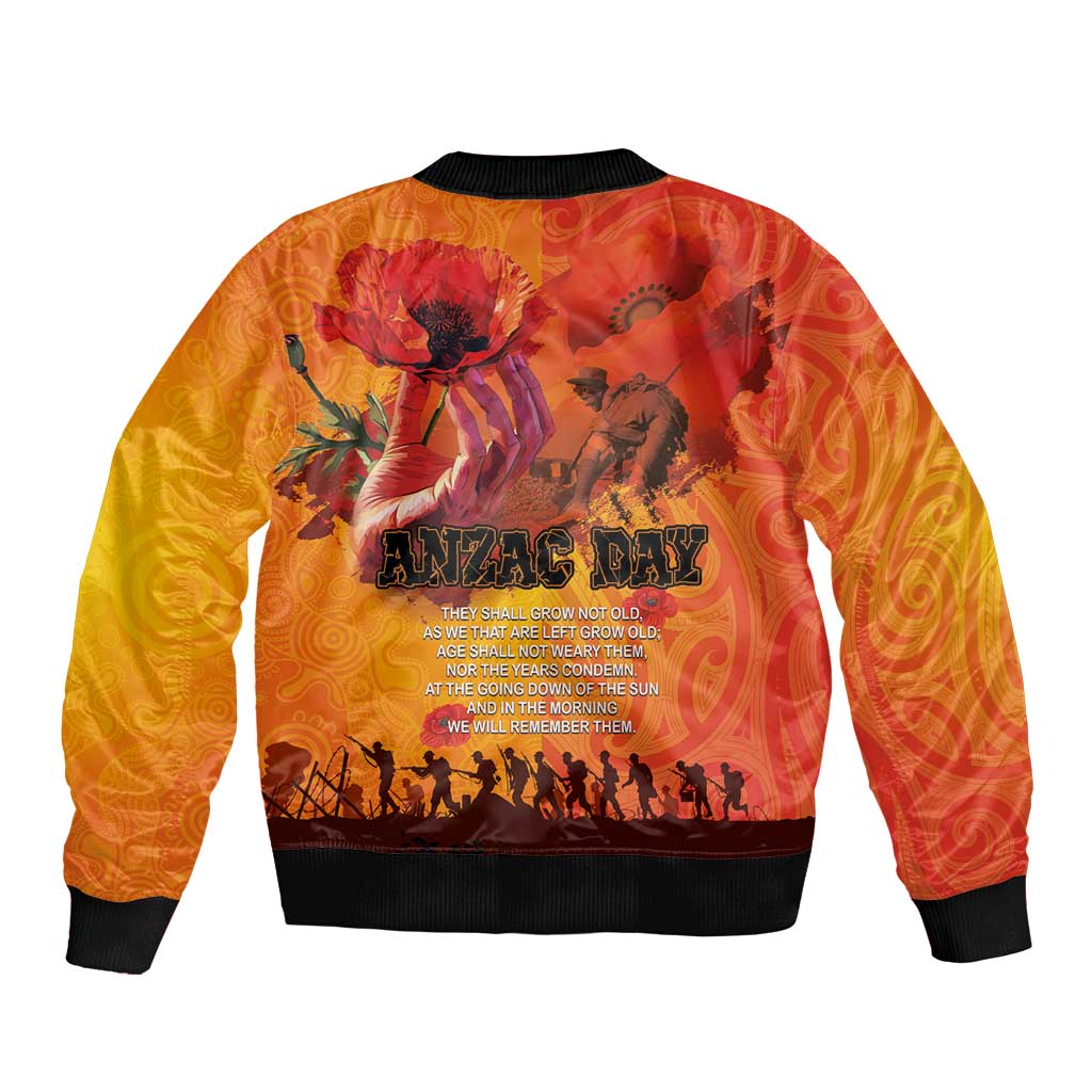 Australia and New Zealand ANZAC Day Sleeve Zip Bomber Jacket Soldiers Memories - Red Poppies with Aboriginal and Maori Art