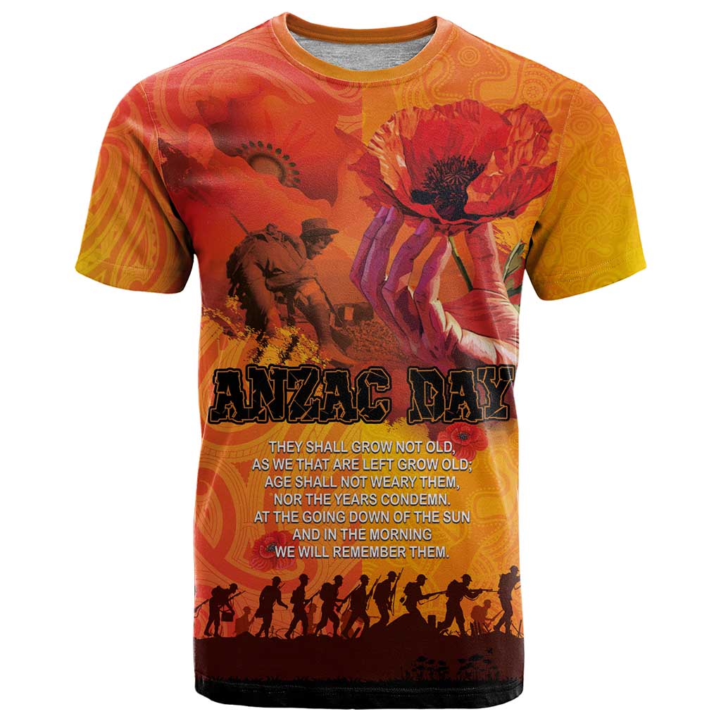 Australia and New Zealand ANZAC Day T Shirt Soldiers Memories - Red Poppies with Aboriginal and Maori Art