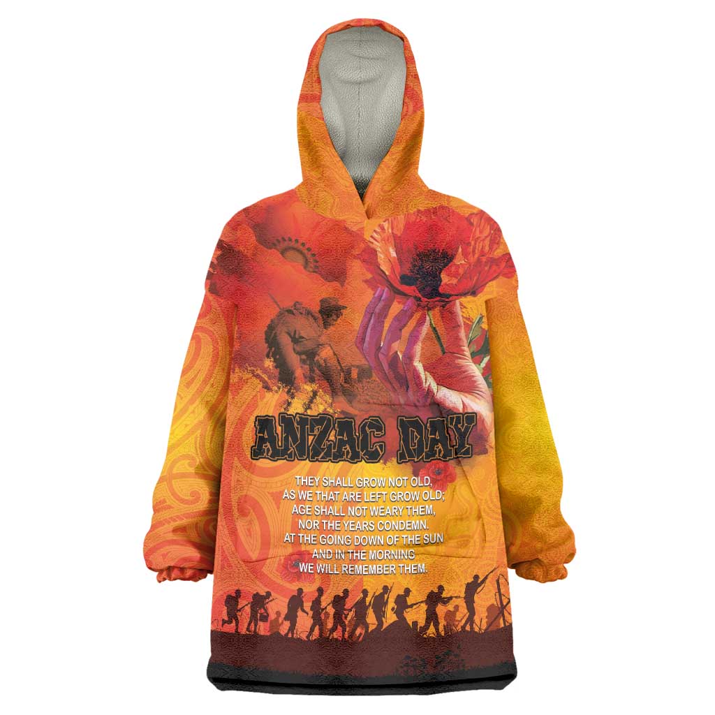 Australia and New Zealand ANZAC Day Wearable Blanket Hoodie Soldiers Memories - Red Poppies with Aboriginal and Maori Art LT03 One Size Orange-Yellow - Polynesian Pride