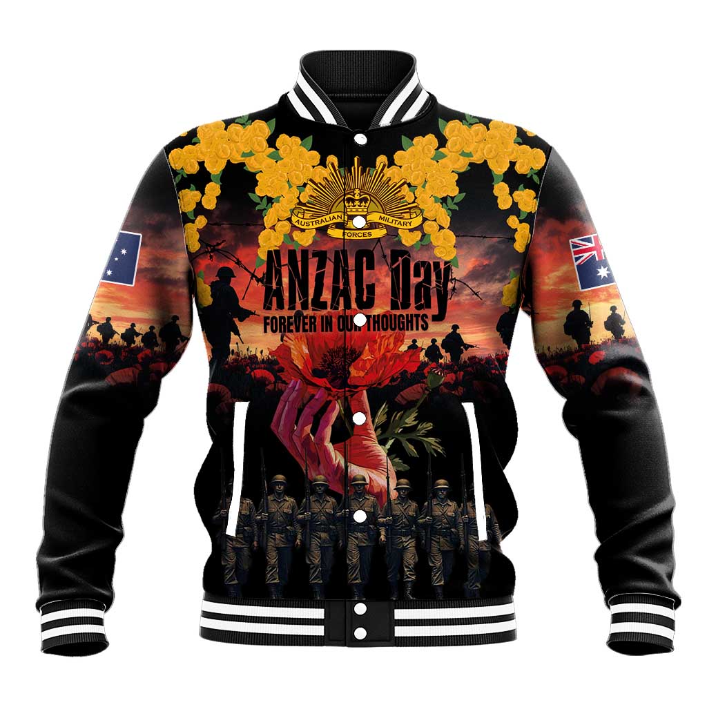 Australia ANZAC Day Baseball Jacket Forever in My Thoughts LT03 Unisex Black - Polynesian Pride