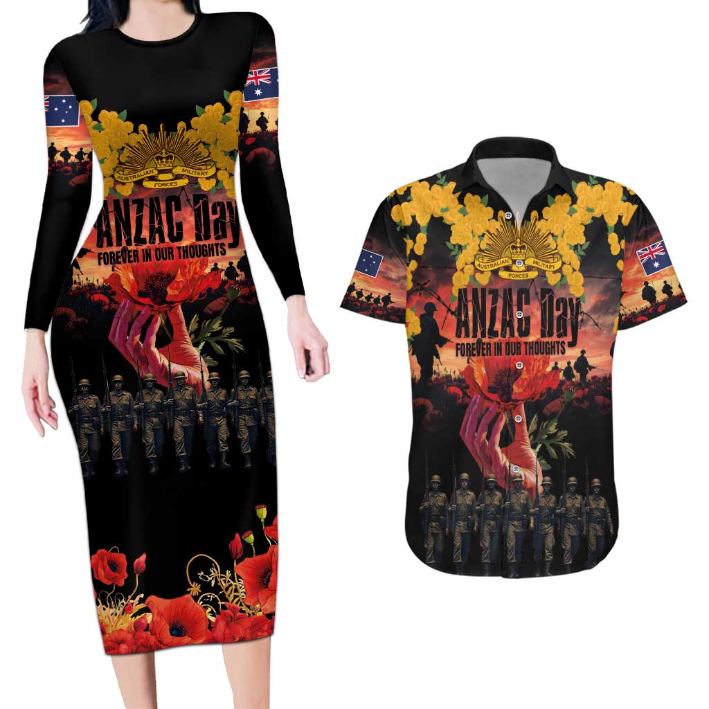 Australia ANZAC Day Couples Matching Long Sleeve Bodycon Dress and Hawaiian Shirt Forever in My Thoughts LT03 Black - Polynesian Pride
