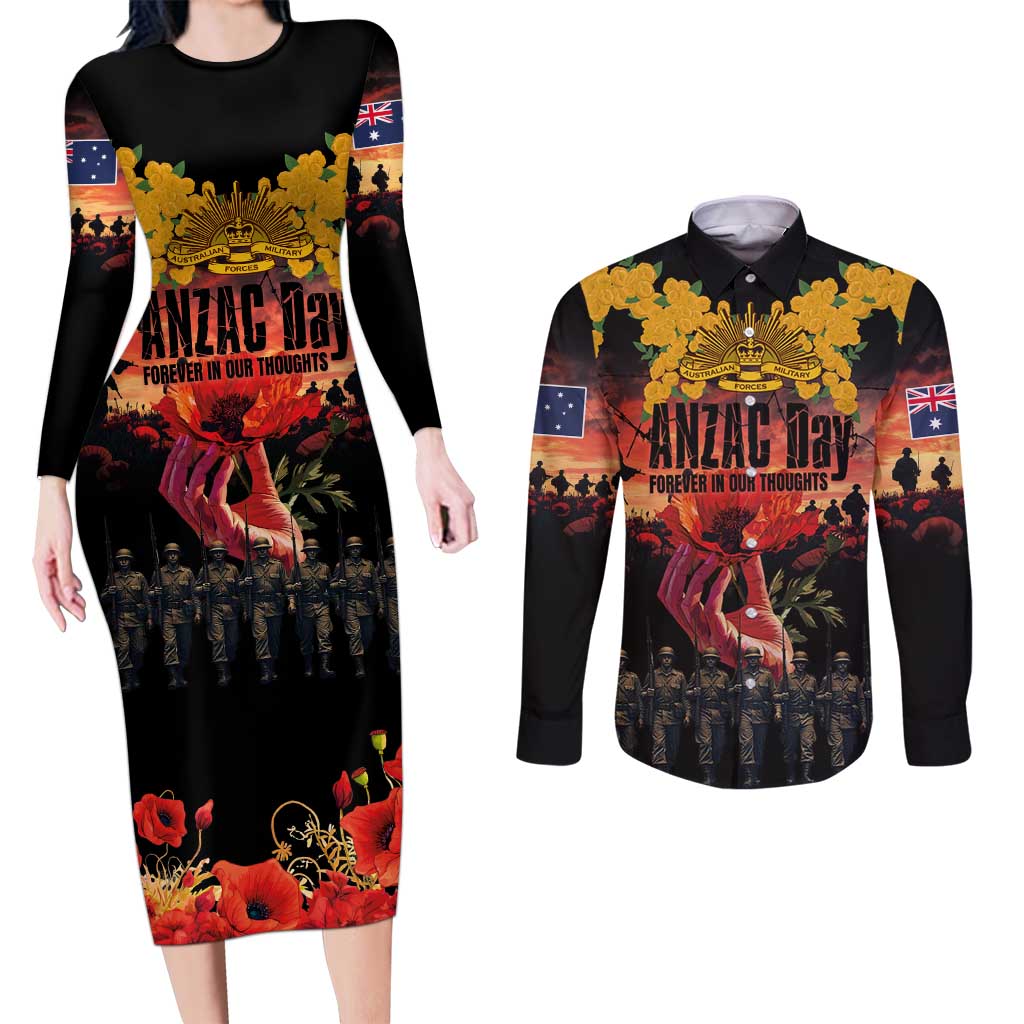 Australia ANZAC Day Couples Matching Long Sleeve Bodycon Dress and Long Sleeve Button Shirt Forever in My Thoughts LT03 Black - Polynesian Pride