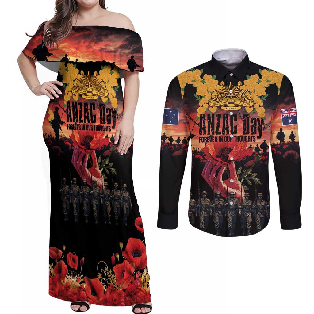 Australia ANZAC Day Couples Matching Off Shoulder Maxi Dress and Long Sleeve Button Shirt Forever in My Thoughts LT03 Black - Polynesian Pride