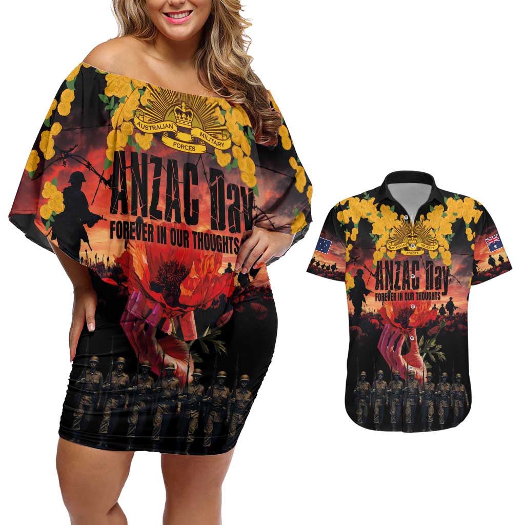 Australia ANZAC Day Couples Matching Off Shoulder Short Dress and Hawaiian Shirt Forever in My Thoughts LT03 Black - Polynesian Pride