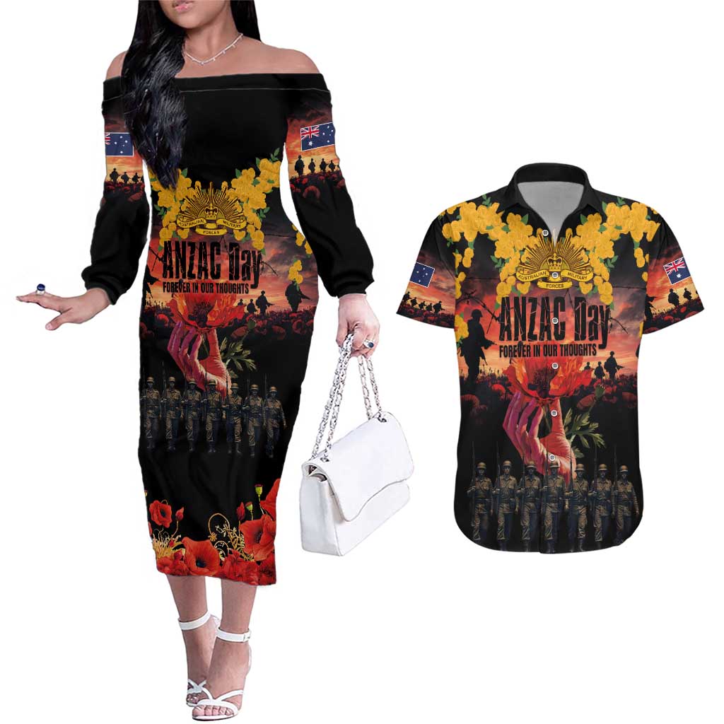 Australia ANZAC Day Couples Matching Off The Shoulder Long Sleeve Dress and Hawaiian Shirt Forever in My Thoughts LT03 Black - Polynesian Pride
