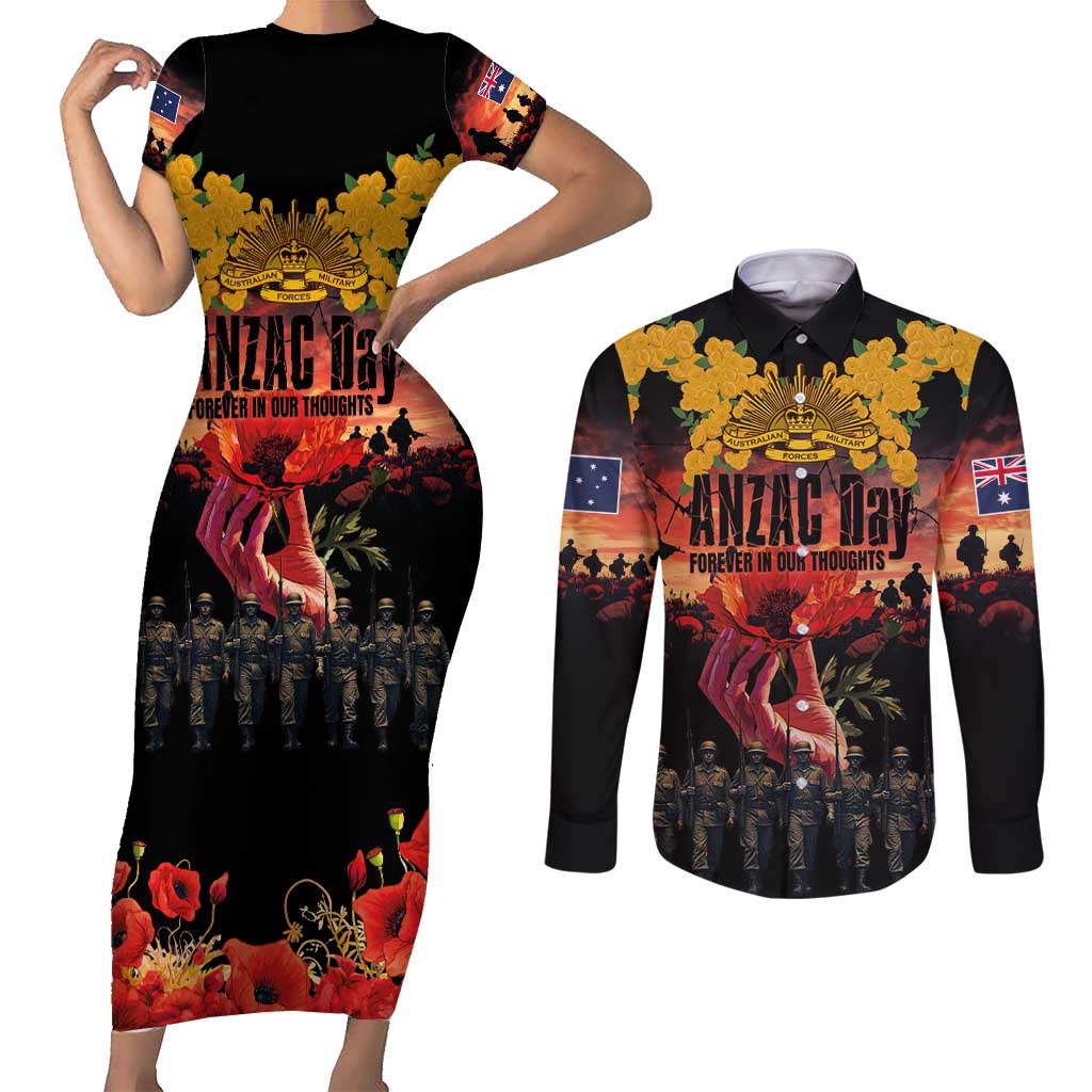 Australia ANZAC Day Couples Matching Short Sleeve Bodycon Dress and Long Sleeve Button Shirt Forever in My Thoughts LT03 Black - Polynesian Pride