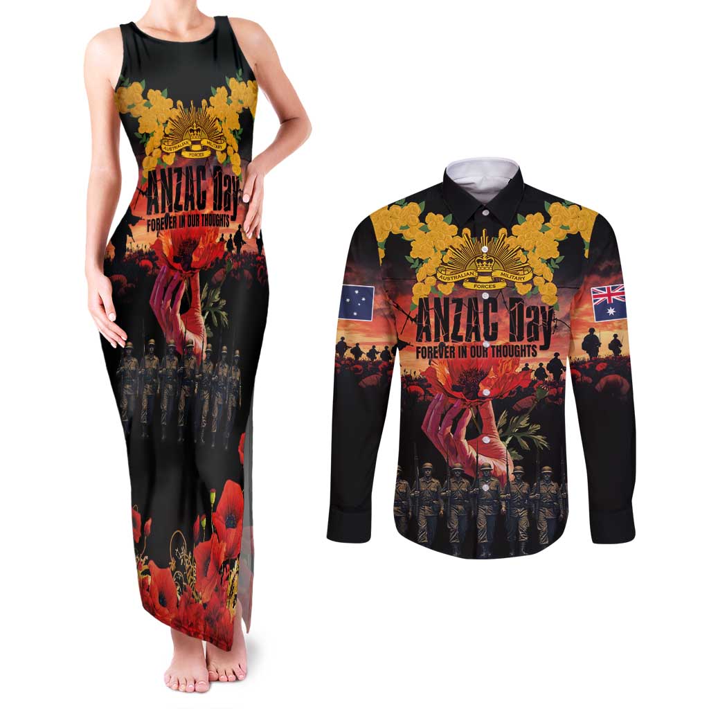Australia ANZAC Day Couples Matching Tank Maxi Dress and Long Sleeve Button Shirt Forever in My Thoughts LT03 Black - Polynesian Pride