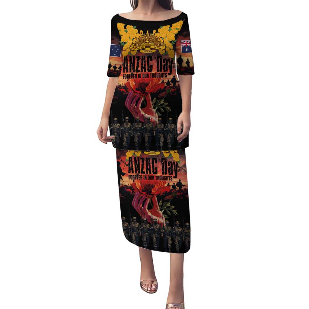 Australia ANZAC Day Puletasi Forever in My Thoughts LT03 Long Dress Black - Polynesian Pride