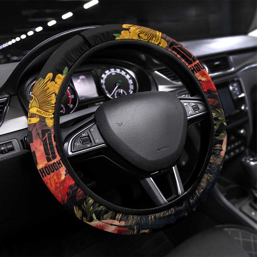 Australia ANZAC Day Steering Wheel Cover Forever in My Thoughts LT03 Universal Fit Black - Polynesian Pride