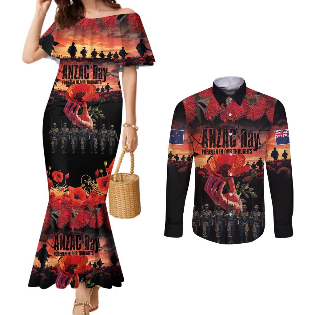 New Zealand ANZAC Day Couples Matching Mermaid Dress and Long Sleeve Button Shirt Forever in My Thoughts LT03 Black - Polynesian Pride