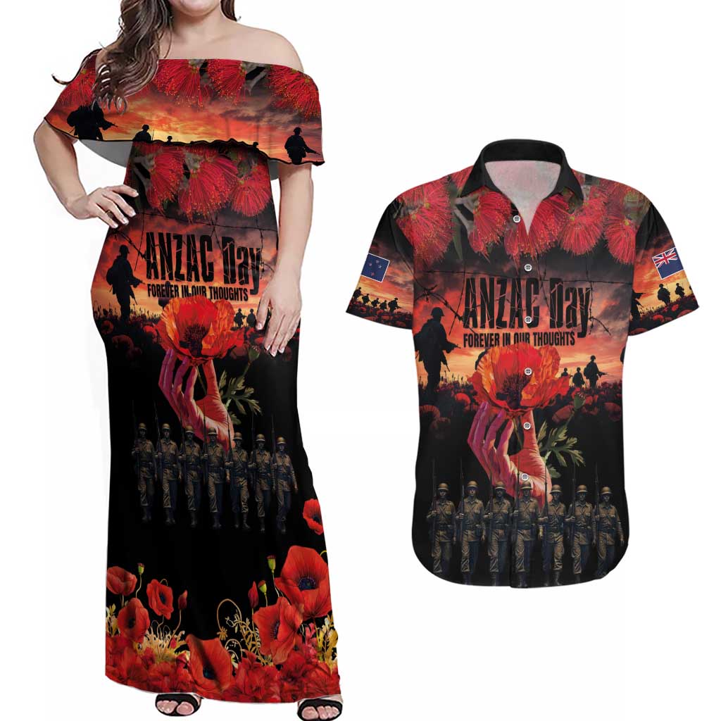 New Zealand ANZAC Day Couples Matching Off Shoulder Maxi Dress and Hawaiian Shirt Forever in My Thoughts LT03 Black - Polynesian Pride