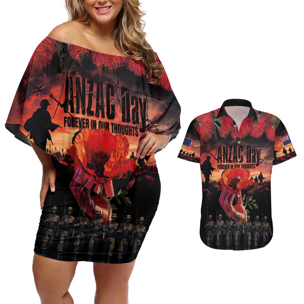 New Zealand ANZAC Day Couples Matching Off Shoulder Short Dress and Hawaiian Shirt Forever in My Thoughts LT03 Black - Polynesian Pride