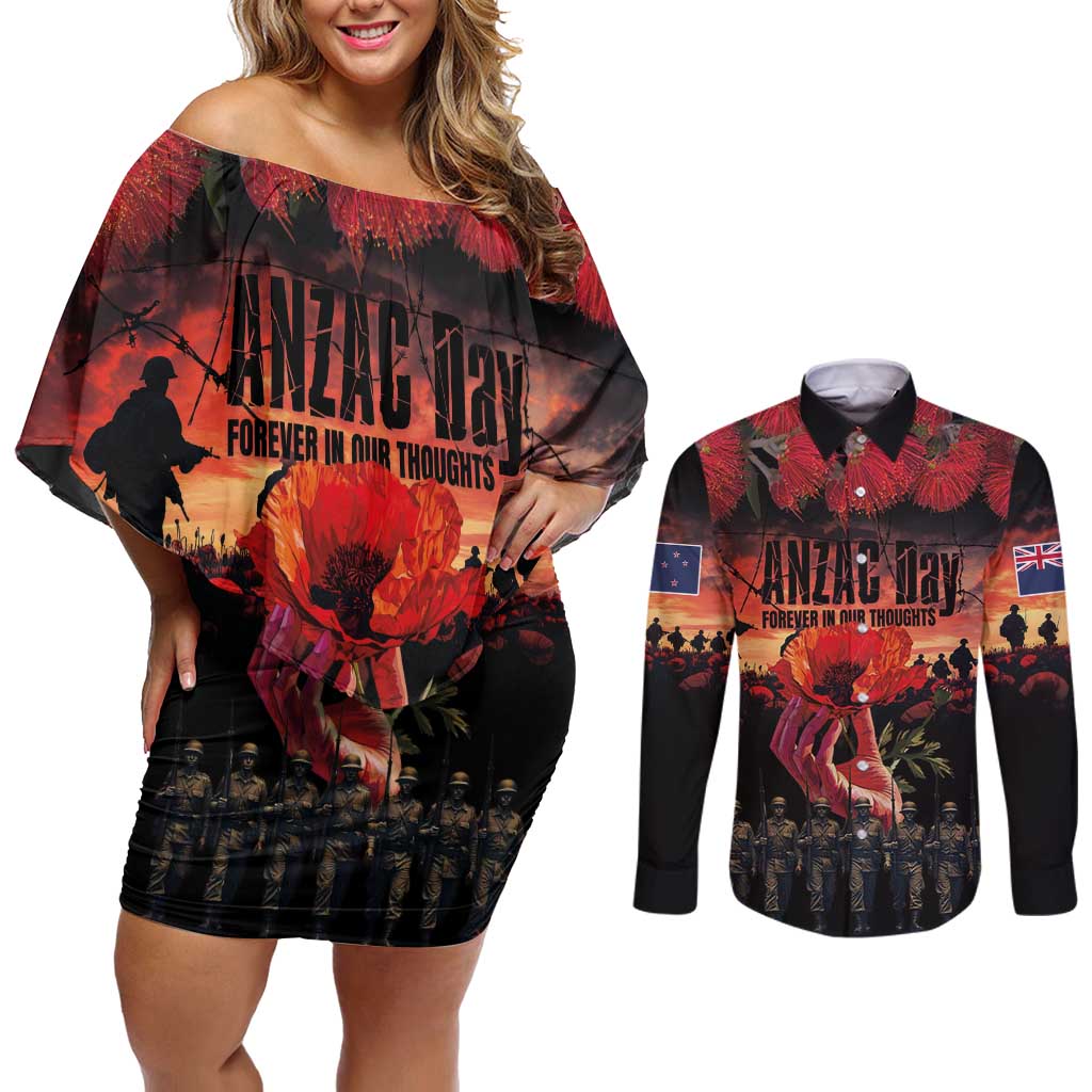 New Zealand ANZAC Day Couples Matching Off Shoulder Short Dress and Long Sleeve Button Shirt Forever in My Thoughts LT03 Black - Polynesian Pride