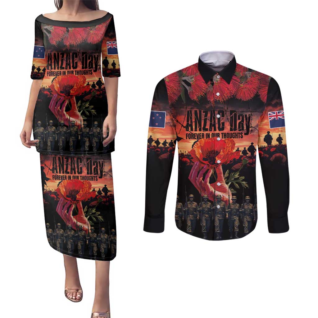 New Zealand ANZAC Day Couples Matching Puletasi and Long Sleeve Button Shirt Forever in My Thoughts LT03 Black - Polynesian Pride
