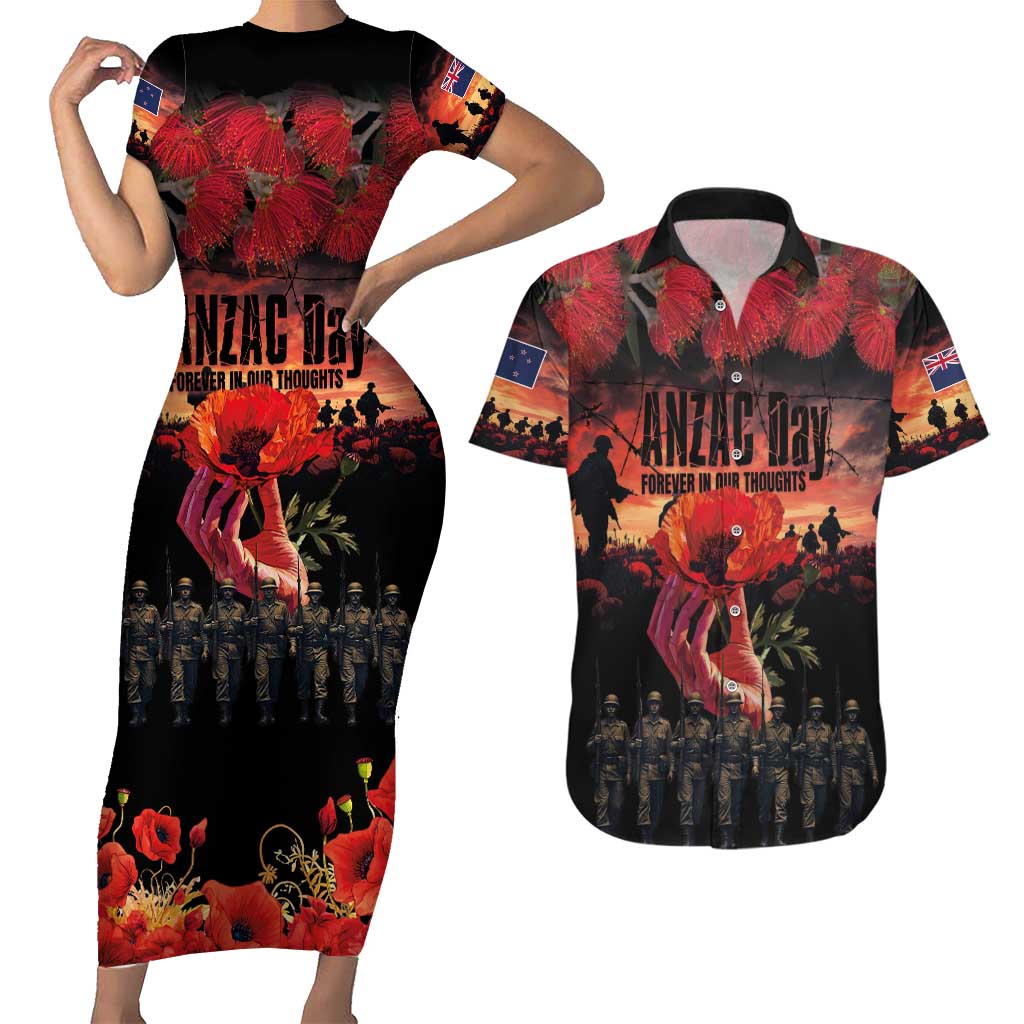New Zealand ANZAC Day Couples Matching Short Sleeve Bodycon Dress and Hawaiian Shirt Forever in My Thoughts LT03 Black - Polynesian Pride
