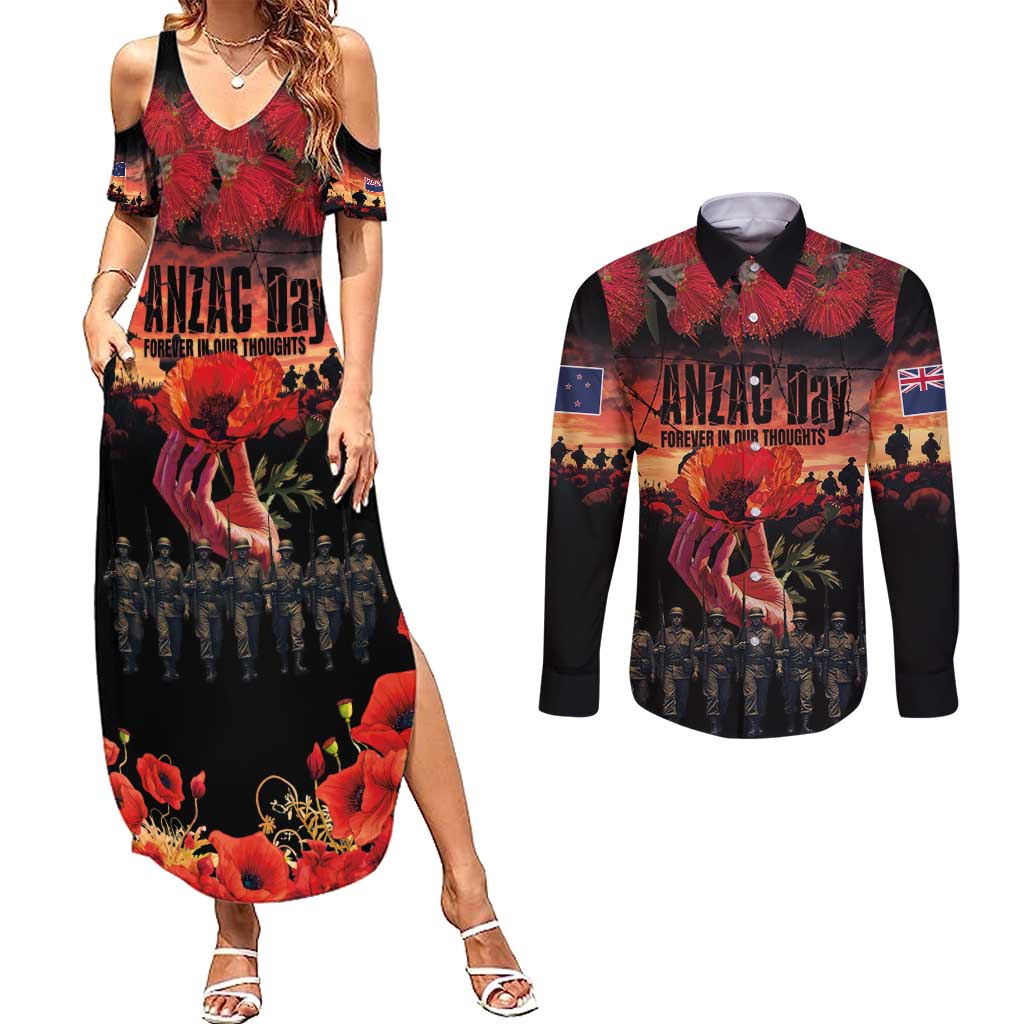 New Zealand ANZAC Day Couples Matching Summer Maxi Dress and Long Sleeve Button Shirt Forever in My Thoughts LT03 Black - Polynesian Pride