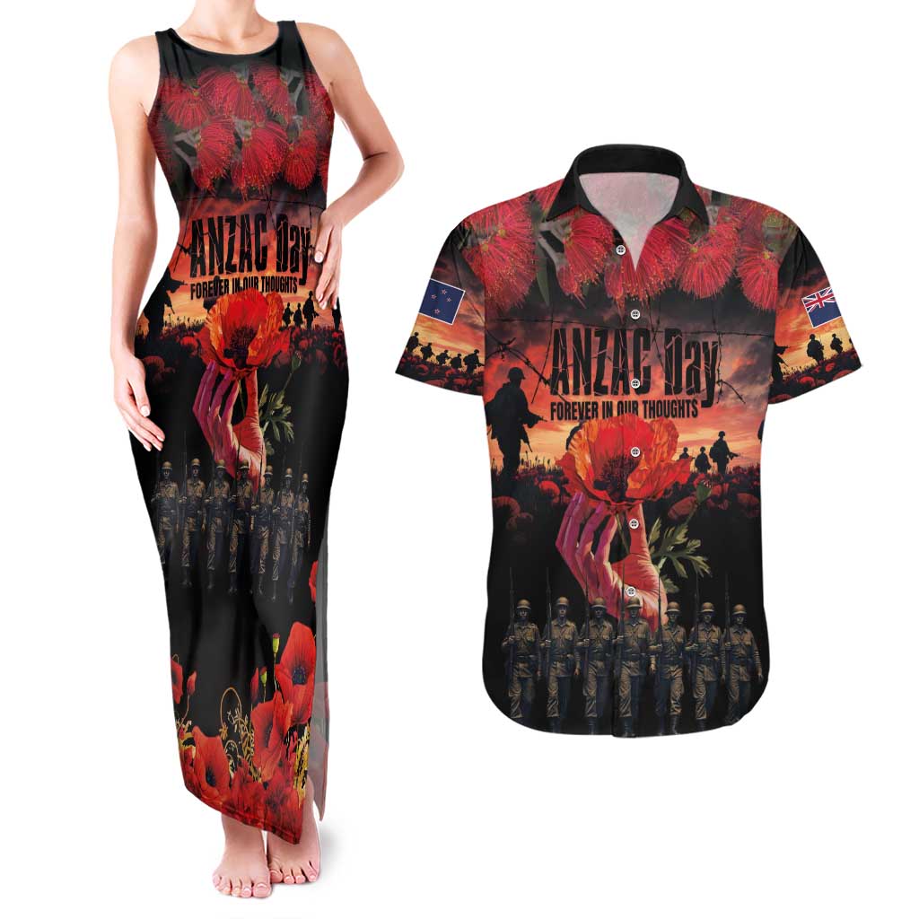 New Zealand ANZAC Day Couples Matching Tank Maxi Dress and Hawaiian Shirt Forever in My Thoughts LT03 Black - Polynesian Pride