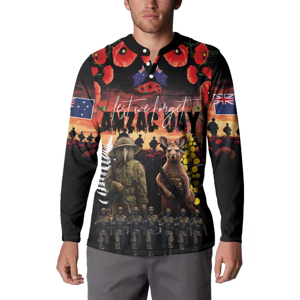 Australia and New Zealand ANZAC Day Button Sweatshirt Kangaroo and Kiwi Bird Soldier - Forever in My Thoughts