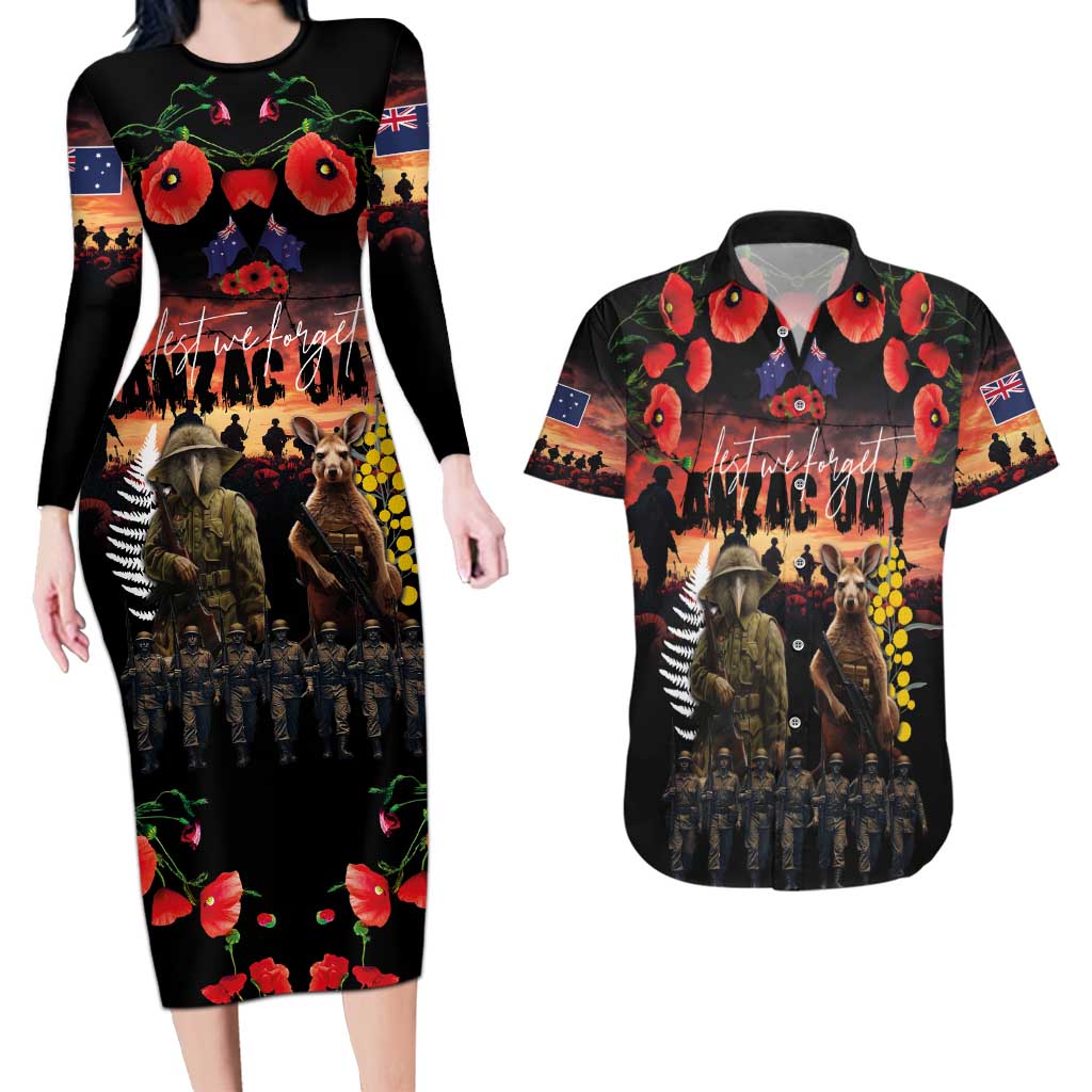 Australia and New Zealand ANZAC Day Couples Matching Long Sleeve Bodycon Dress and Hawaiian Shirt Kangaroo and Kiwi Bird Soldier - Forever in My Thoughts