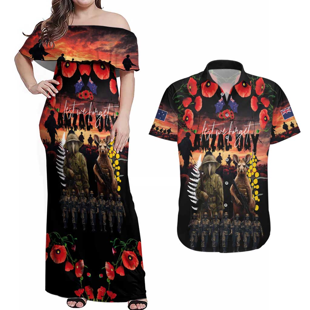 Australia and New Zealand ANZAC Day Couples Matching Off Shoulder Maxi Dress and Hawaiian Shirt Kangaroo and Kiwi Bird Soldier - Forever in My Thoughts