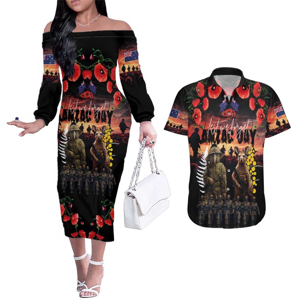 Australia and New Zealand ANZAC Day Couples Matching Off The Shoulder Long Sleeve Dress and Hawaiian Shirt Kangaroo and Kiwi Bird Soldier - Forever in My Thoughts