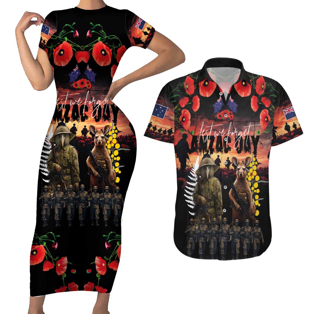 Australia and New Zealand ANZAC Day Couples Matching Short Sleeve Bodycon Dress and Hawaiian Shirt Kangaroo and Kiwi Bird Soldier - Forever in My Thoughts