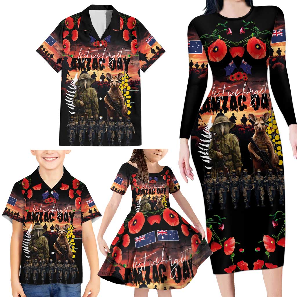 Australia and New Zealand ANZAC Day Family Matching Long Sleeve Bodycon Dress and Hawaiian Shirt Kangaroo and Kiwi Bird Soldier - Forever in My Thoughts