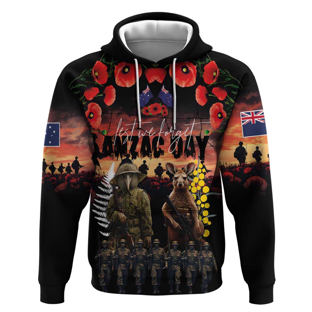 Australia and New Zealand ANZAC Day Hoodie Kangaroo and Kiwi Bird Soldier - Forever in My Thoughts