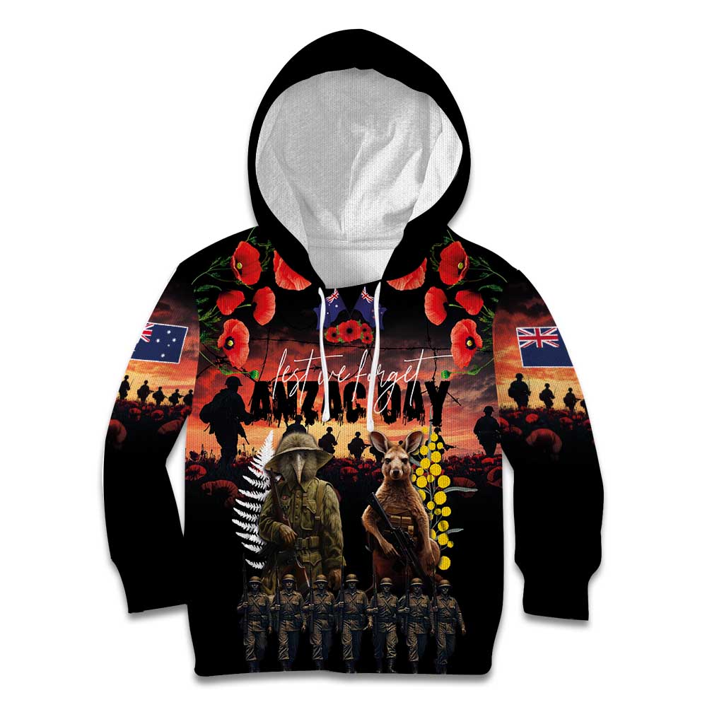 Australia and New Zealand ANZAC Day Kid Hoodie Kangaroo and Kiwi Bird Soldier - Forever in My Thoughts