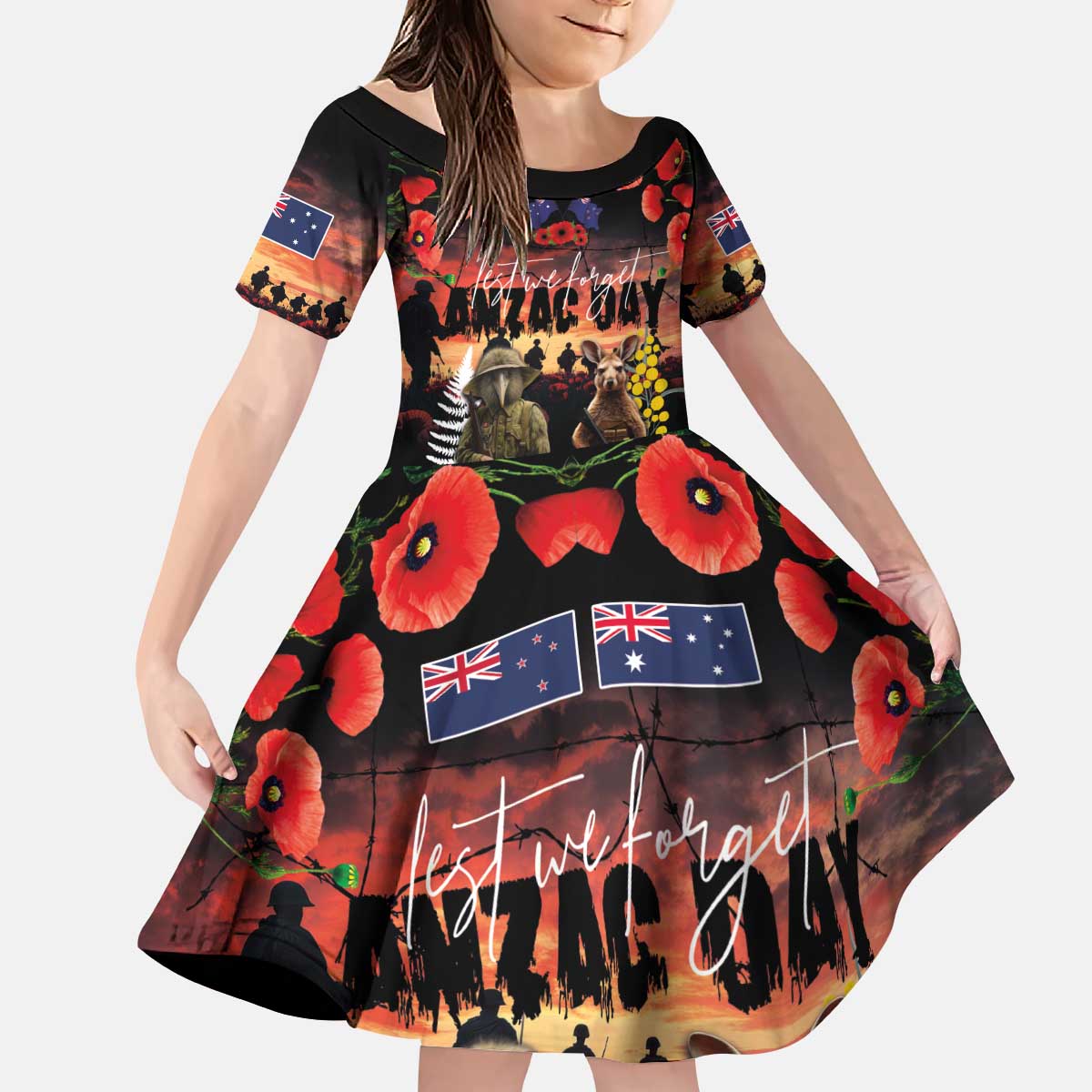 Australia and New Zealand ANZAC Day Kid Short Sleeve Dress Kangaroo and Kiwi Bird Soldier - Forever in My Thoughts